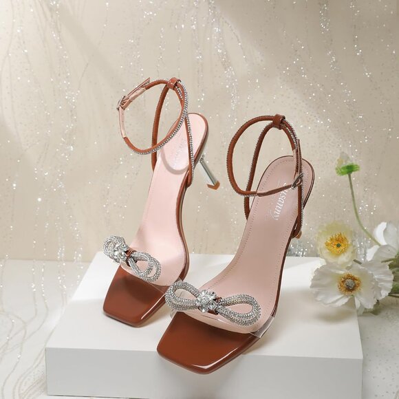 Shoes - Women's Brown+bl Closed Toe Rhinestone Wedding Low Slingback Clear Kitten Heels